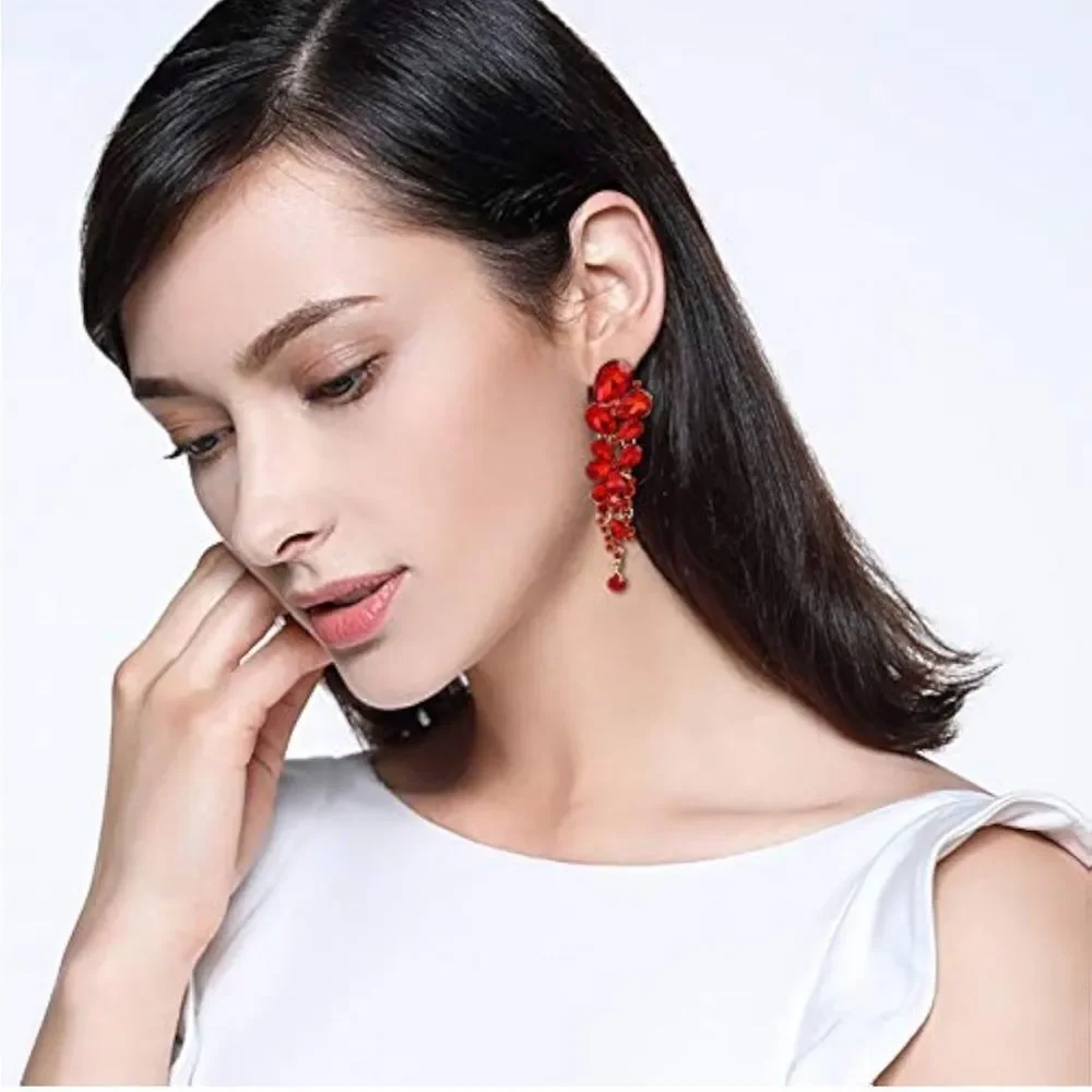 Yellow Gold with Ruby Red Austrian Crystal Chandelier Statement Clip On Earrings